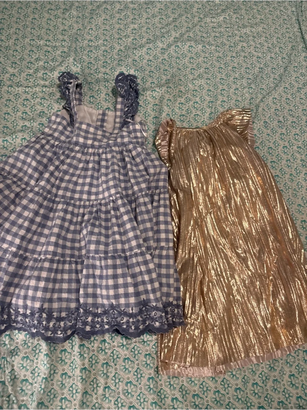 Shabby Chic Blue Gingham Dress & Gold Metallic Party Dress lot of 2 dresses